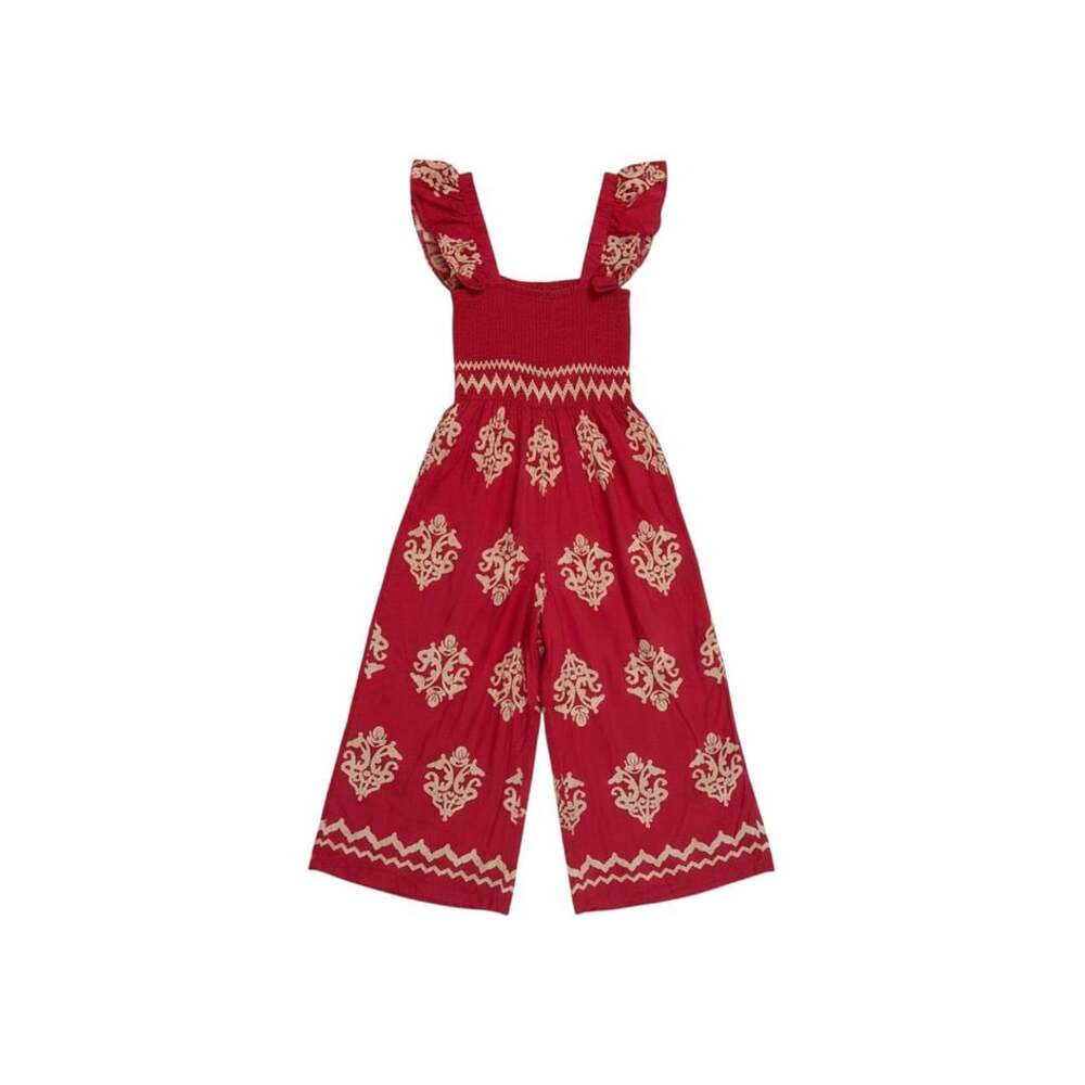 Boho Red Printed Smocked Wide Leg Jumpsuit/ 128